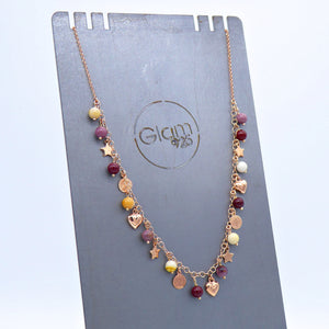 Collana Chocolat in argento 925 rosa con pietre dure e ciondoli stelle/cuori/monete Ref. PE 832